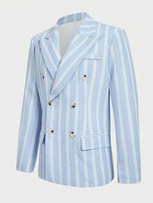 HIMLAND Chaqueta de traje de manga larga de doble botonadura a rayas y pantalones para hombre, conjunto de vestir casual para oficina y uso diario - Azul y blanco - Ver 16