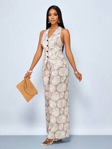 SOLERSUN Women's Casual Vacation Style Random Floral Print 3-Piece Set: Vest, Halter Neck Top, And Pants - Khaki - View 5