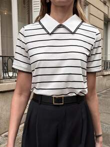 Pariaura 优雅通勤 AB 拼接领短袖半翻领条纹多色女式春夏 T 恤 - 白色 - 查看 5