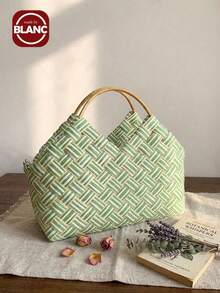 Madebyblanc 1个手工竹编手套花篮，DIY手提篮创意礼品花篮，节日派对活动礼品包装纪念品 - 杏色 - 查看 1