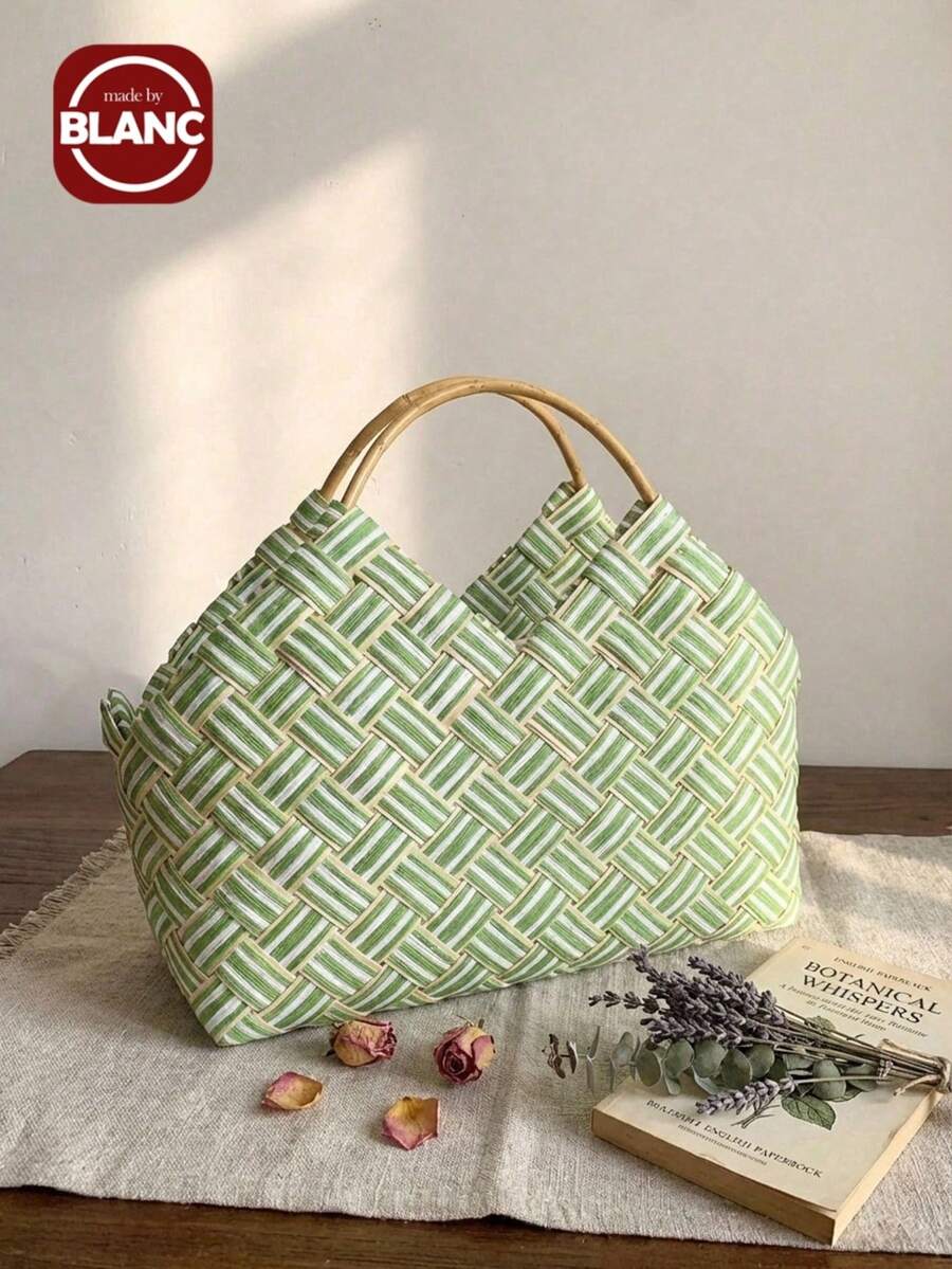 Madebyblanc 1个手工竹编手套花篮，DIY手提篮创意礼品花篮，节日派对活动礼品包装纪念品 - 杏色 - 查看 1