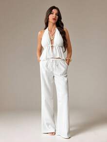 SHEIN Tall 两件套服装，包括系带露背吊带背心和阔腿抽绳裤，适合夜店、度假、海滩、锐舞派对、夏威夷海岛度假等场合。 - 白色 - 查看 6