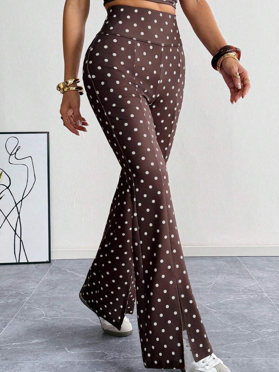 SHEIN EZwear Summer Women's Polka Dot High Waist Casual Versatile Commuting Flare Pants - Coffee Brown - View 1