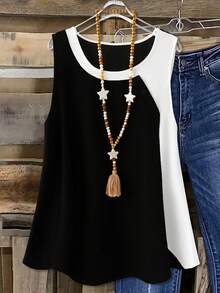 Linhara 大码女式拼接撞色休闲百搭日常上衣 - 黑與白 - 查看 3