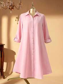 Rometta Romantic Date  Plus Roll Tab Sleeve Curved Hem Shirt Dress Fall Cloth For Women - Baby Pink - View 3