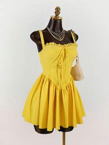 SaltGleam SaltGleam Women's Solid Color Frill Trim Front Tie Camisole Bodycon Dress - Yellow - View 3