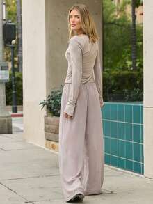 Hauture Women's Simple Sheer Chiffon Tie Waist Ruched Sexy Basic Maxi Pant - Brown - View 2