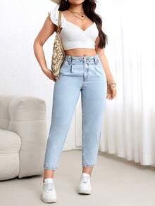EMERY ROSE Plus Size Women's Casual Denim Tapered Pants, Non-Stretch, Discounted - Light Wash - View 4