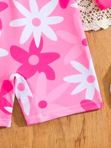 SHEIN Playful Pals 女童鲨鱼印花长袖连体泳衣，可爱设计，防晒，夏季 - 玫紅色 - 查看 5