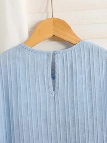 SHEIN Bộ đồ ngủ cho bé gái tuổi teen, tay phồng, chất liệu jacquard, kiểu áo ngủ mặc nhà. - Xanh và trắng - Xem 4