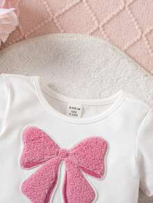 女婴可爱夏季休闲针织蝴蝶结短袖T恤和条纹裤套装 - 粉色 - 查看 6