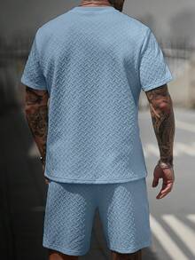 Manfinity CasualCool Men's V-Neck Ribbed T-Shirt + Drawstring Shorts Set - Blue - View 2