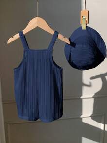 SHEIN Bộ áo liền quần màu trắng đa năng cho bé sơ sinh trai/gái, gồm quần yếm và mũ chống nắng, thích hợp mặc ở nhà hoặc ngoài trời vào mùa xuân/hè. - Màu xanh hải quân - Xem 2