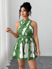 Elenzga 女士优雅休闲复古印花露背交叉连体裤 - 綠色 - 查看 4