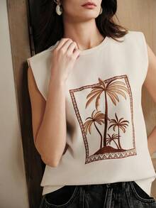 Anewsta 女士休闲街头沙滩度假风棕榈树刺绣白色无袖T恤沙滩上衣女士夏季上衣 - 白色 - 查看 1