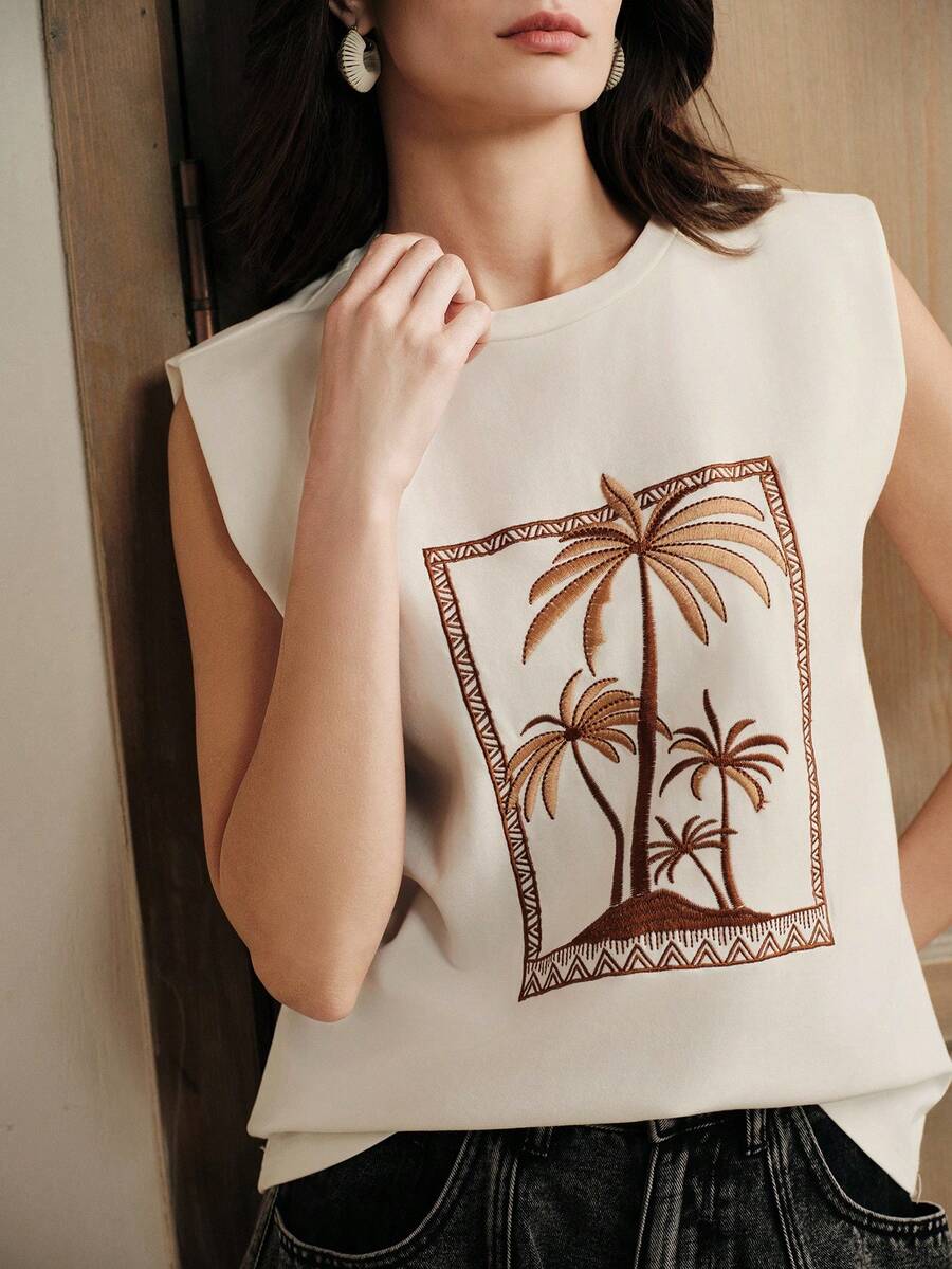 Anewsta 女士休闲街头沙滩度假风棕榈树刺绣白色无袖T恤沙滩上衣女士夏季上衣 - 白色 - 查看 1