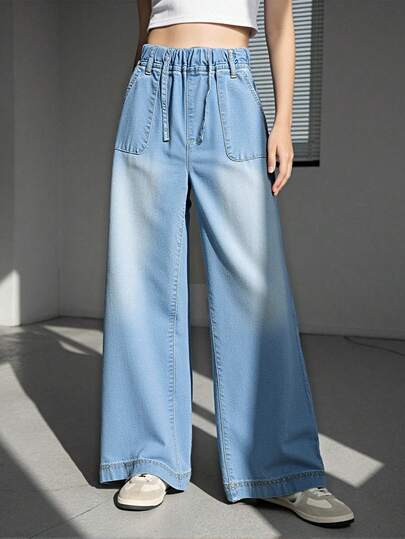 Quần jean ống đứng dáng rộng cho bé gái tuổi teen, màu xanh nhạt, phong cách thời trang đường phố, thoải mái cho mặc hàng ngày, đi học, đi làm và các hoạt động ngoài trời.