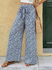 SHEIN Frenchy 女士碎花休闲直筒宽松百搭夏季日常裤 - 藍白色 - 查看 3