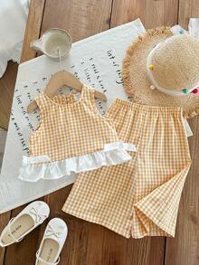 SHEIN LMoss Kids Babygirl Summer Cute Pink & White Plaid Ruffle Sleeveless Top And Elastic Waist Loose Pants Set - Yellow - View 3