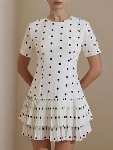 Revavyn Black & White Polka Dot Print Round Neck Waist Cinched Short Sleeve All-Match Silhouette Layered Ruffle Hem Casual Versatile Women Dress - Black and White - View 5