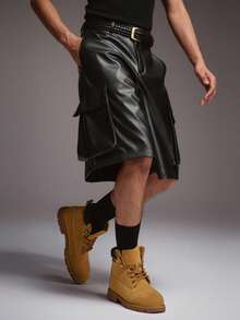 STYNVO Men's Street Fashion Pocket PU Shorts - Black - View 4