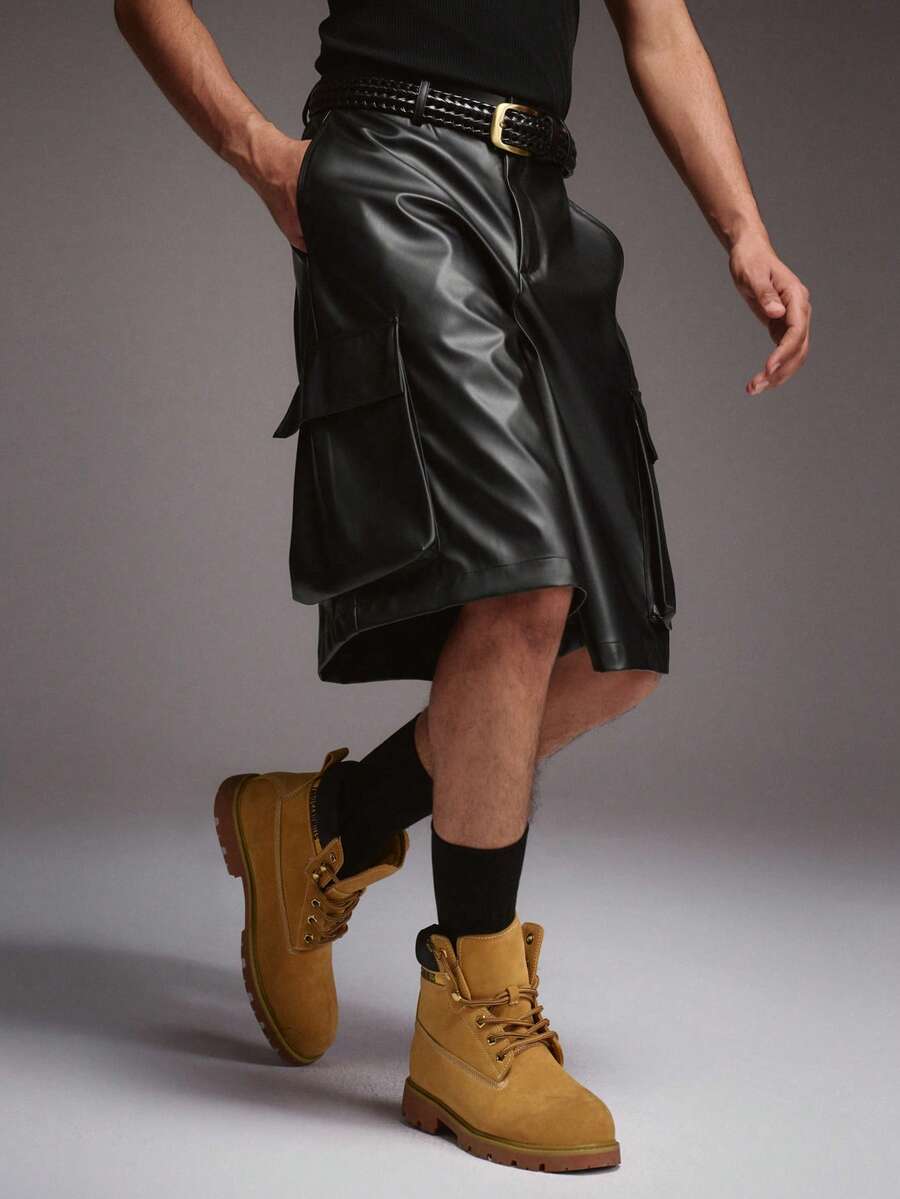 STYNVO Men's Street Fashion Pocket PU Shorts - Black - View 1