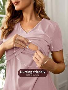 SHEIN Maternity Casual Solid Color V-Neck Short Sleeve T-Shirt, Convenient For Breastfeeding - Mauve Purple - View 5
