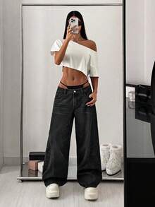 SHEIN PETITE Women's Pentagram Pocket Wide Leg Loose Fit Jeans Pants - Black - View 4