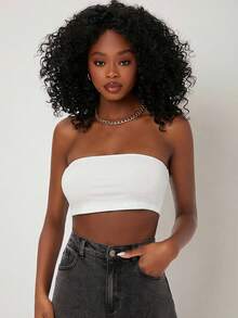 SHEIN BASICS 女款純色修身短版細肩帶背心上衣 白色 日常白天居家穿著 夏季 極簡基礎端莊款 - 白色 - 查看 6