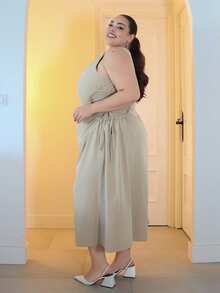 Pretty and Ole 大尺碼女士純色簡約日常無袖連衣裙 - 杏色 - 查看 4