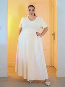 Pretty and Ole Plus Size Women Elegant Ruched Casual Stretchy A-Line Short Sleeve Dress For Date And Party, Spring/Summer,Graduation Dress - Apricot - View 1