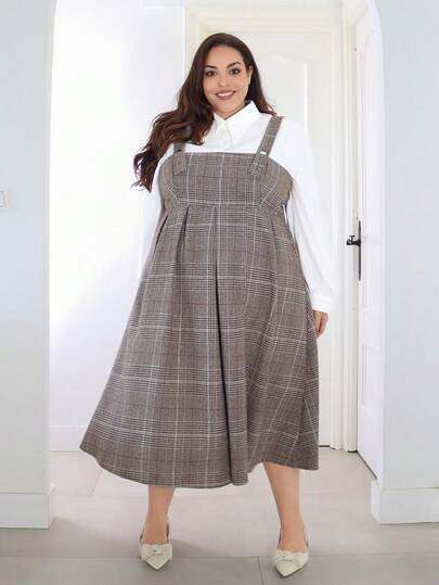 Pretty and Ole 加大码女式法式优雅格子背带裙，适合日常外出，可作为上衣分层穿着，经典简约时尚，令人赏心悦目