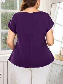 Reflora Plus Size Solid Color Boat Neck Draped Short Sleeve Blouse, Elegant Summer - Purple - View 9