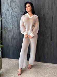 Vassilux 2pcs/Set Women Polo Collar Patchwork Contrast Color Pullover Sweater Top + Long Pants Suit, Autumn/Winter - Mocha Brown - View 3