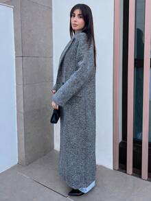 Hitanina 女士人字形翻领长袖长款大衣，秋冬款 - 灰色 - 查看 4
