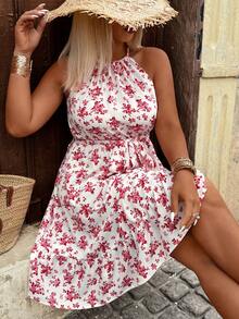 Breezaya 大码优雅印花露背A字连衣裙，配有迷人蝴蝶结腰带和拼接下摆设计，适合日常通勤、外出和派对穿着。 - 彩色 - 查看 6