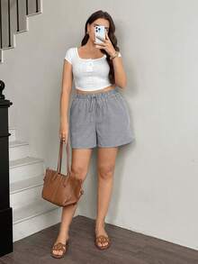 Easowa Curve Quần short nữ cỡ lớn mùa hè kẻ caro, cạp chun, túi chéo, thích hợp mặc đi nghỉ mát, đi biển, du lịch, lễ Phục sinh, mùa xuân, hè, quần short cotton kẻ sọc thoải mái, thích hợp mặc đi nghỉ mát, mùa hè, đi biển, dạo chơi, nghỉ hè, quần short đi biển, mùa xuân hè - Đen và trắng - Xem 5