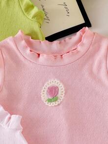 3pcs Young Girl Floral Embroidery Lettuce Trim Casual Vacation Daily Commute Camisole - Multicolor - View 3