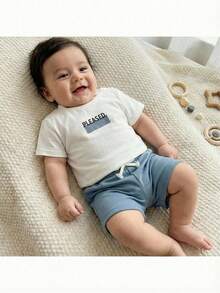 Loomiva Neugeborenes Baby Jungen/Mädchen Blume Muster Weicher Strick Rundhals Kurzarm Top und Elastischer Taille Shorts 2-teiliges Set - Blau-Weiß - Übersicht 4