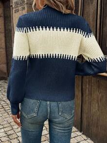 EURMUSE Turtleneck Lantern Sleeve Colorblock Knit Sweater - Multicolor - View 2