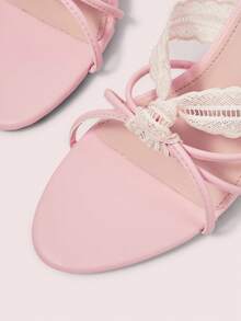 CUCCOO DOLLMOD 女士可爱甜美蕾丝蝴蝶结粉色条纹高跟露趾凉鞋 - 粉色 - 查看 4