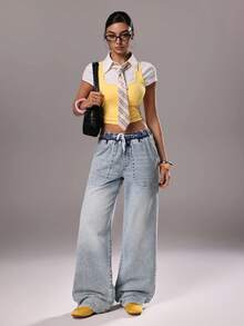 TRNVIE 时尚休闲弹力腰抽绳口袋低腰阔腿牛仔裤 - 中等水洗藍 - 查看 6