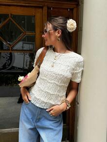 Serisse 女士休闲纯色纹理衬衫，夏季，法式夏季休闲轻薄褶皱纹理蕾丝白色短袖衬衫，优雅圆领设计，春夏流行日常/工作上衣，白色荷叶边上衣，荷叶边衬衫，夏季衬衫，奶油色衬衫，白色上衣，白色衬衫，夏季上衣，闺蜜装 - 杏色 - 查看 3