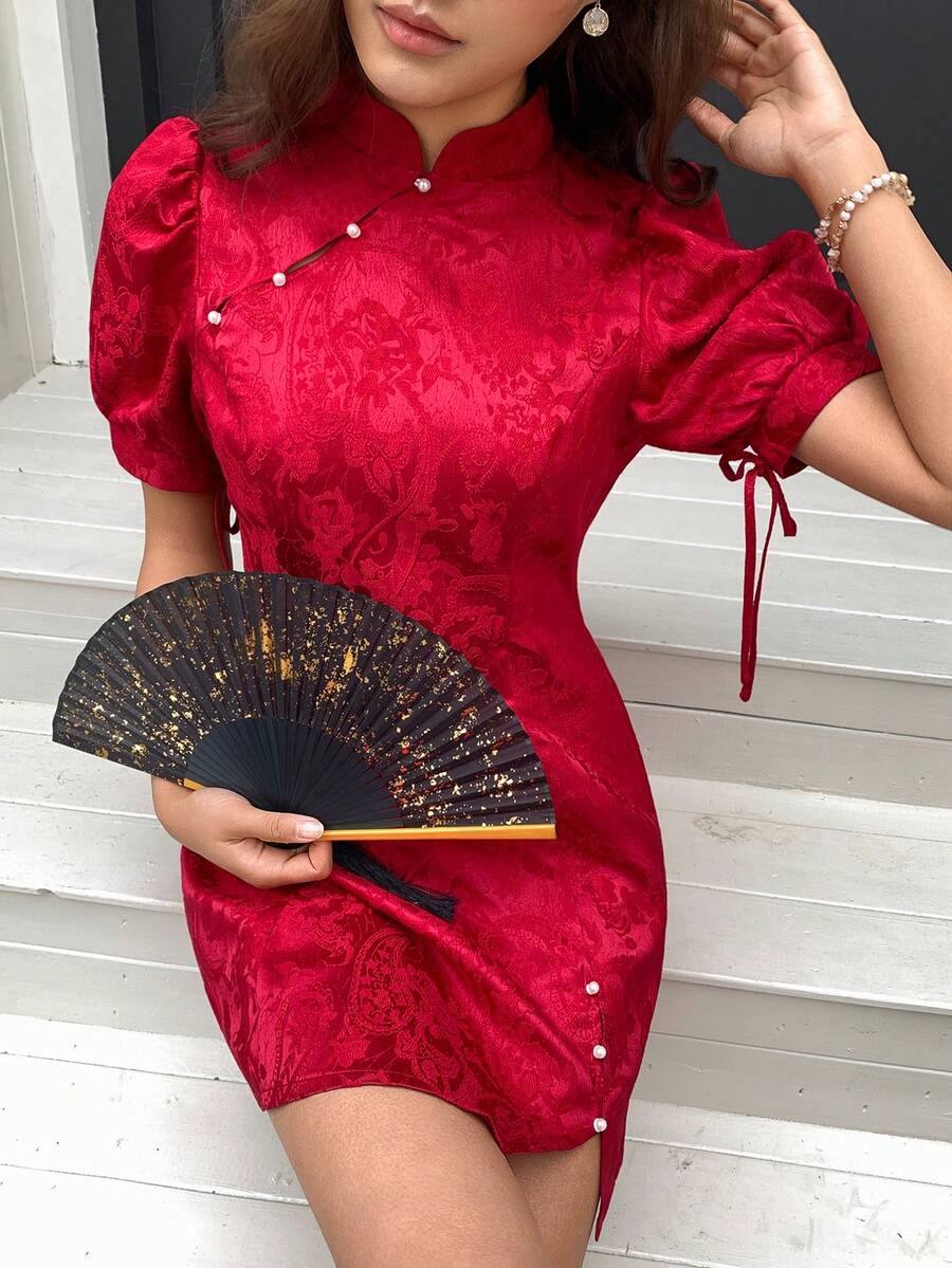 EastFlair 女士中式酒红色提花短袖旗袍连衣裙 - 酒紅色 - 查看 1