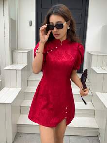 EastFlair Women's Chinese Style Wine Red Jacquard Short Sleeve Cheongsam Dress - Burgundy - View 3