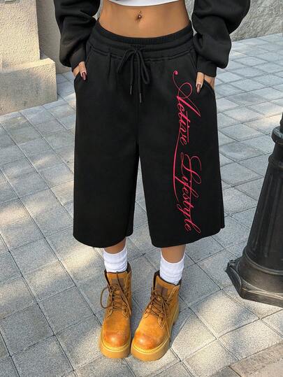 Muchica Women's Casual Black Letter Print Shorts, Summer