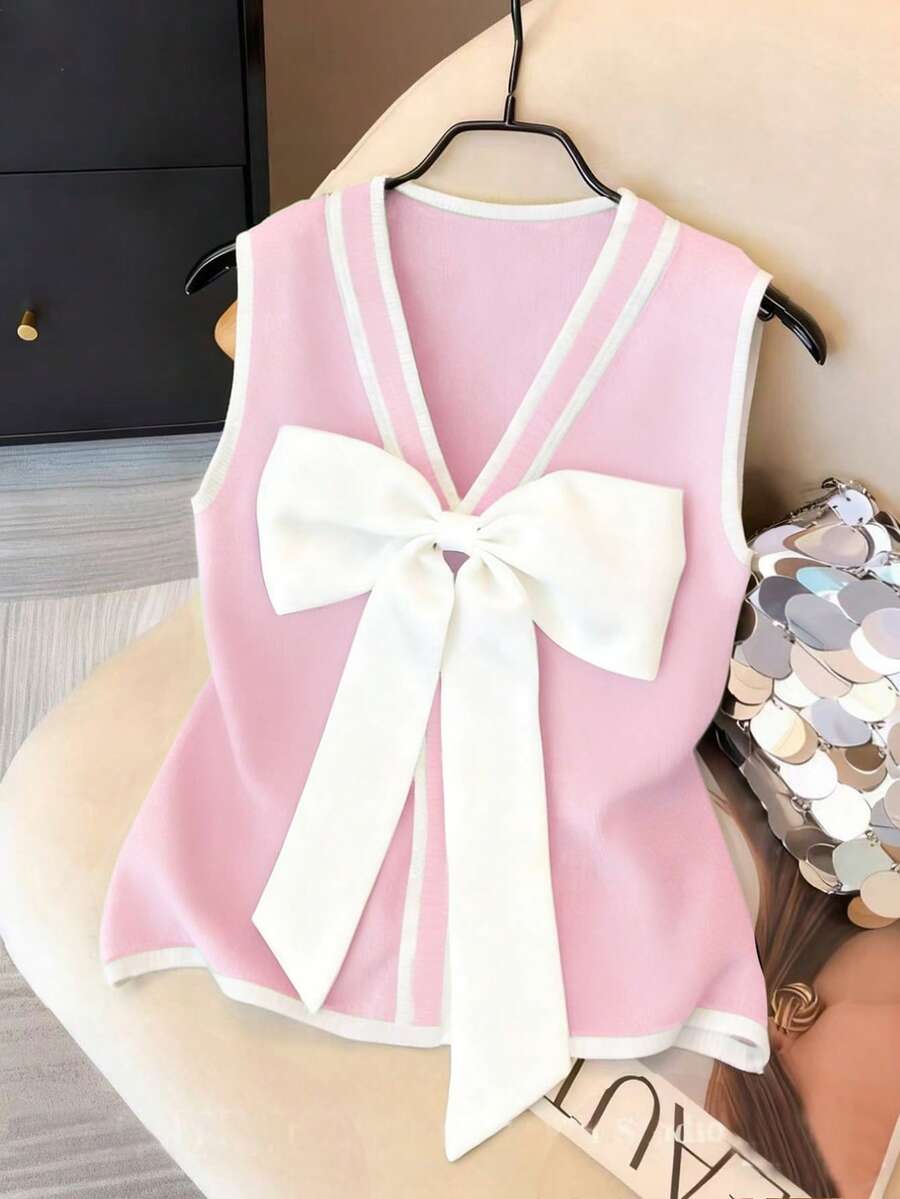 SHEIN 女士撞色V领蝴蝶结装饰休闲背心 - 粉色 - 查看 1