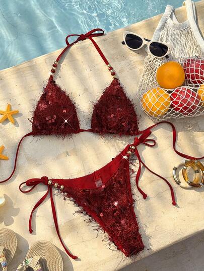 Swim Vcay New Arrival Spring/Summer Red Sequin Bikini Women's Swimwear, Detachable Beachwear For Vacation, Date, Metallic Cat Eye Beaded Strap