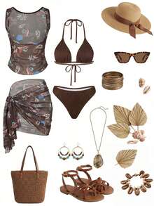 Swim Vcay Women's Casual Vacation Beach Party Printed Halter Bikini Set, 4pcs Swimsuit For Valentine's Day, Spring & Summer - Multicolor - View 1