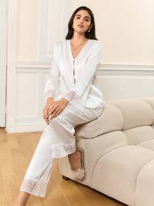 成熟简约浪漫优雅网纱刺绣蕾丝拼接长袖系带女士睡衣套装 - 白色 - 查看 4